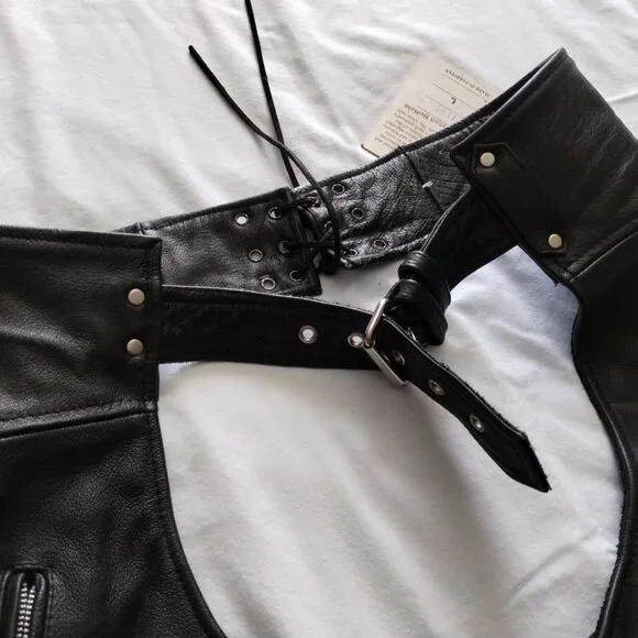LEATHER KING Black Leather MOTORCYCLE CHAPS Size LARGE